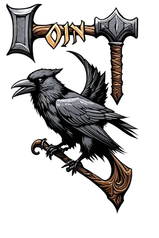 thors hammer with a crow in background and Odin name tattoo design idea