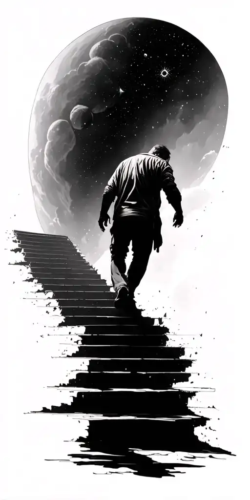 man walking up on stairs through space to heaven tattoo design idea