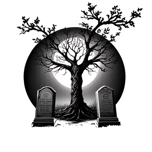 cemetary with tree of life, 2 tomb stones on each side of the tree, and a moon background black tattoo design idea