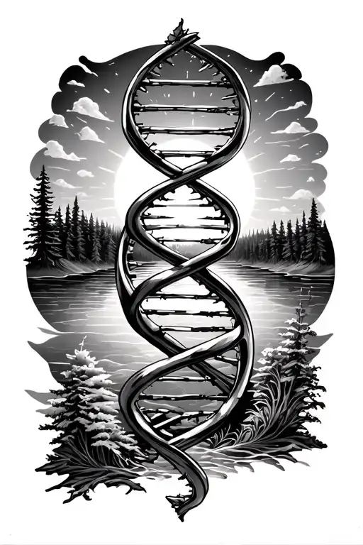 DNA helix with Finlandia Flash inside it. Also put forest, lake and sun inside tattoo design idea