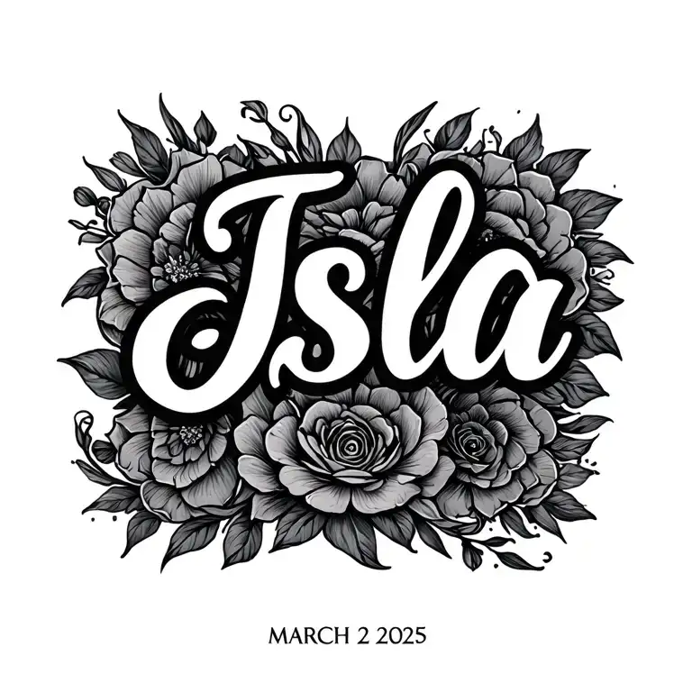 the name Isla and her birthdate in roman numerals march 22 2025 tattoo design idea