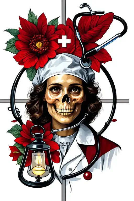 nurse, stethoscope, nursing cap, medical symbols, life and death, nightingale lamp tattoo design idea