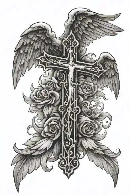 christian cross with angel wings tattoo design idea