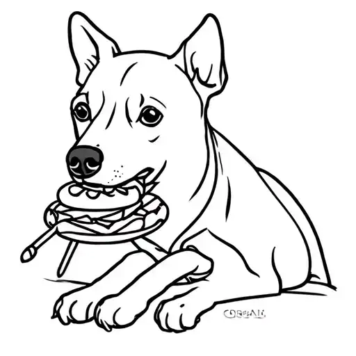 A dog with a kebab and shawarma in the background. keep it as simple as possible drawn in one line  tattoo design idea