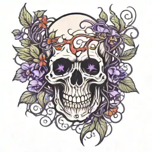 a skull tangled in hanging vines with red a purple blooming flowers and fireflies lighting up the eye sockets  tattoo design idea