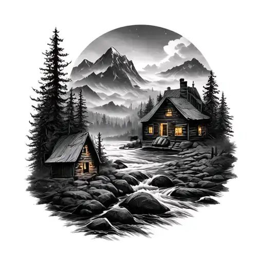 Arm full sleeve tattoo  Thriller Mystery Nighttime Guitar Music Rock Fog Weather Cold Skulls Forrest Cabins Water Mounta tattoo design idea