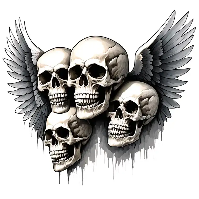 3 skulls looking different direction ways and spread wings  tattoo design idea