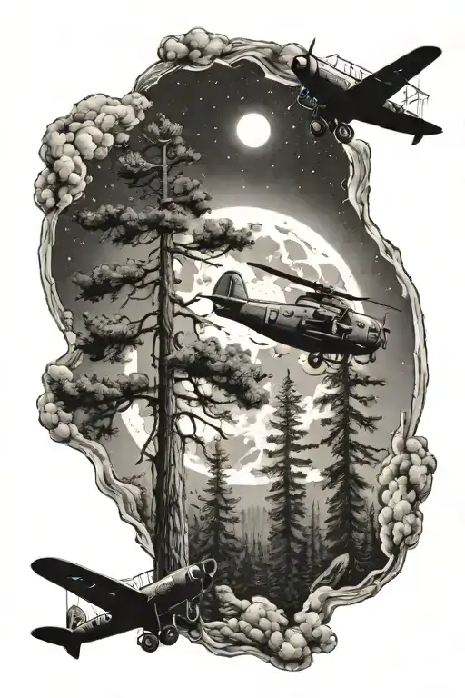  fur tree forest with a bear walking through the tree line and a full moon with a World War II plane flying in the sky tattoo design idea