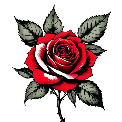 Red rose, green leaves intertwined tattoo design idea