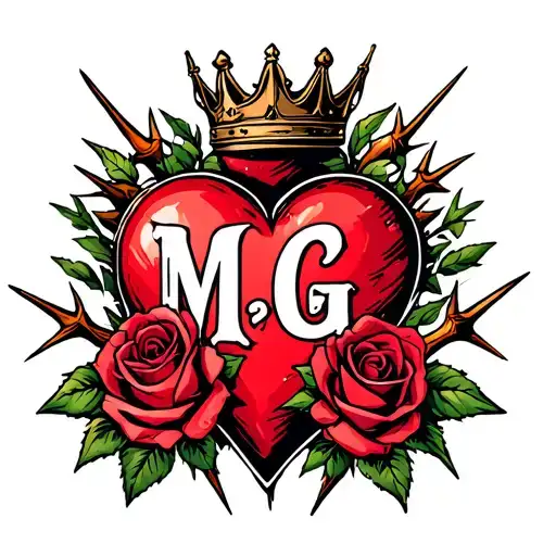 "M G" heart surrounded by thorns and roses with a crown adorned tattoo design idea
