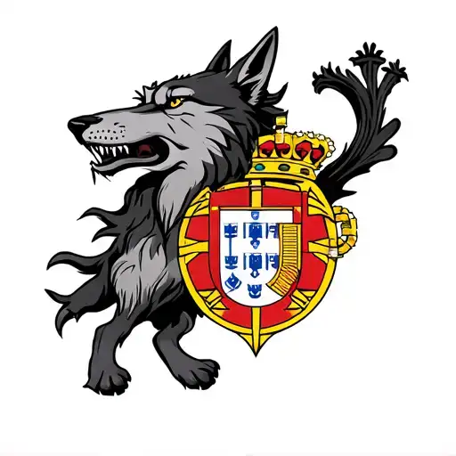 Fusion between a very nasty wolf open mouth and the coat of arms of Portugal, fusion of the image tattoo design idea
