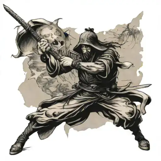 realist tattoo , in old world map as background , japanese samurai fighting grim reaper  tattoo design idea