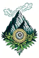 mountain range with coca leaves blowing and pachamama spiral tattoo design idea