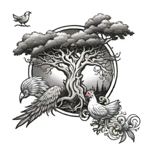 tree and chicken, and yoshi and unicorn tattoo design idea