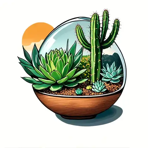 terrarium tatoo with desert vibe, cacti and succulent  tattoo design idea