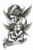 demon girl kissing a baby angel tattoo design idea