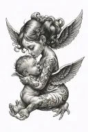 demon girl kissing a baby angel tattoo design idea