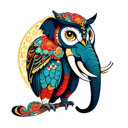 owl, orcha, elephant adorned tattoo design idea
