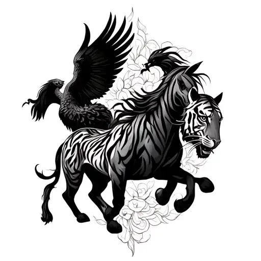 back tattoo with tiger, horse and phoenix tattoo design idea