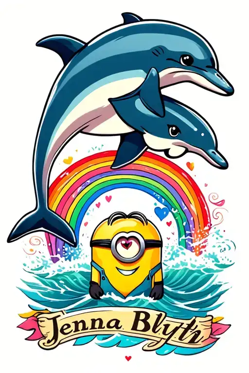 "Jenna Blyth" dolphin with minion and rainbow pride heart tattoo design idea
