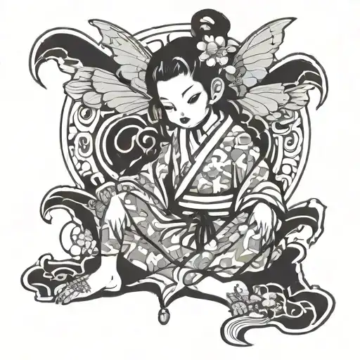 cartoon fairy sitting cross legged tattoo design idea