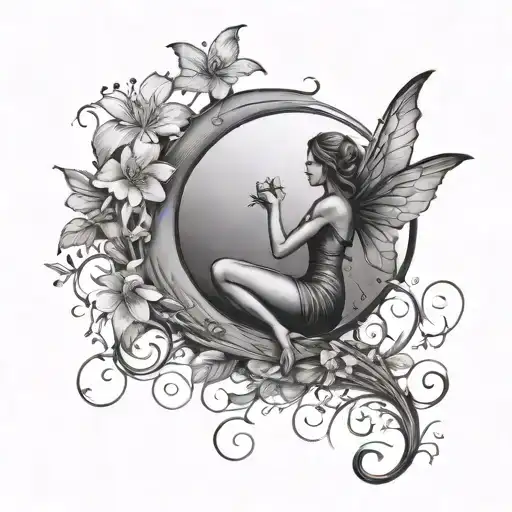 silhouette of a fairy on a crescent moon with water lillies and violets simple tattoo  tattoo design idea