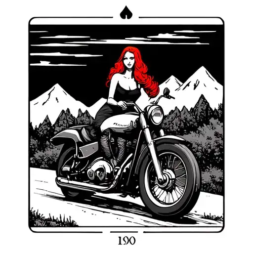 the chariot tarot card red head girl on motorbike driving into sunset with mountains in background tattoo design idea