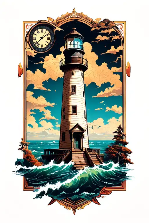 Lighthouse with clock and map outline tattoo design idea