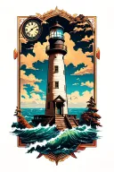 Lighthouse with clock and map outline tattoo design idea