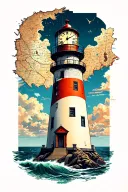 Lighthouse with clock and map outline tattoo design idea