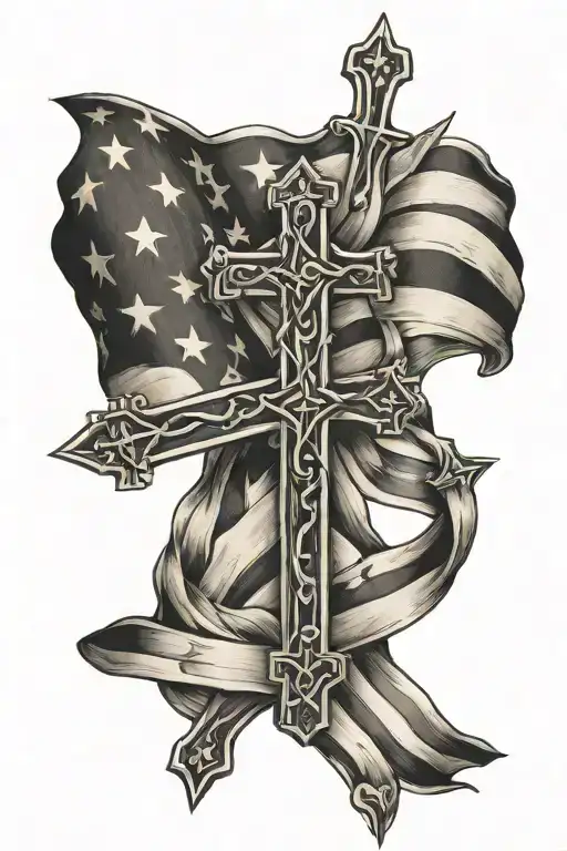 american flag and cross intertwined tattoo design idea