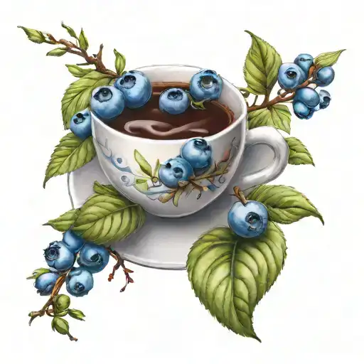 blueberries on branches, coffee cup, nature, perseverance tattoo design idea