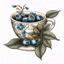 blueberries on branches, coffee cup, nature, perseverance tattoo design idea