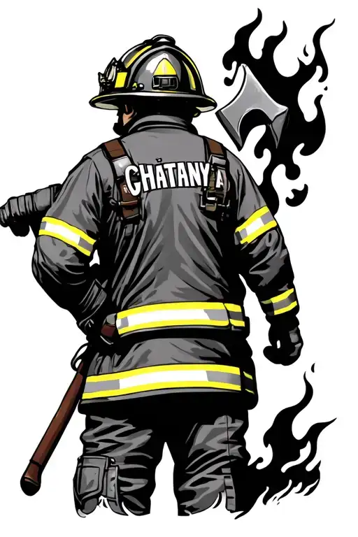 fire fighter in action, Chaitanya name on back of the firefighter suit, holding fireman axe in right hand, facing flames tattoo design idea