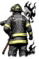 fire fighter in action, Chaitanya name on back of the firefighter suit, holding fireman axe in right hand, facing flames tattoo design idea