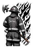 fire fighter in action, Chaitanya name on back of the firefighter suit, holding fireman axe in right hand, facing flames tattoo design idea