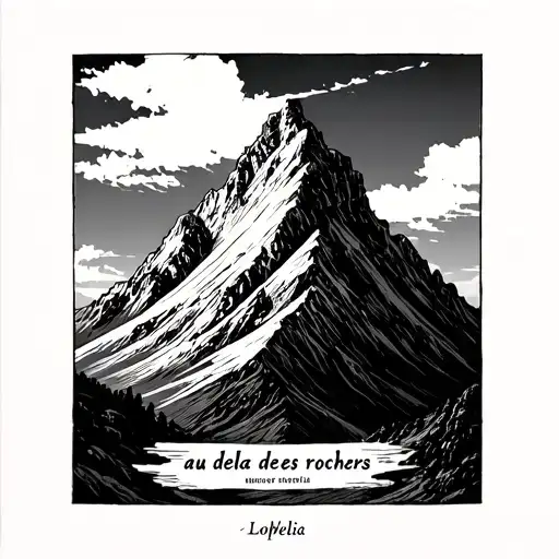 mountain with writing underneath that says au delà des rochers and even more lower write Lophelia tattoo design idea