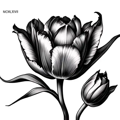 MCMLXXVII in the middle next to closed tulip and open tulip  tattoo design idea