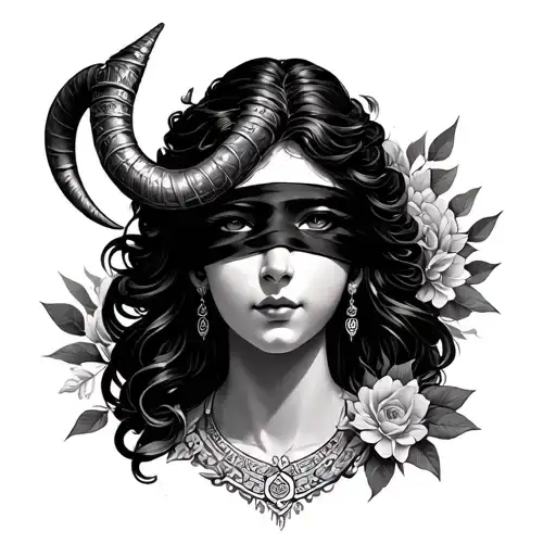 Goddess Fortune with blindfolded eyes and a horn of abundance tattoo design idea