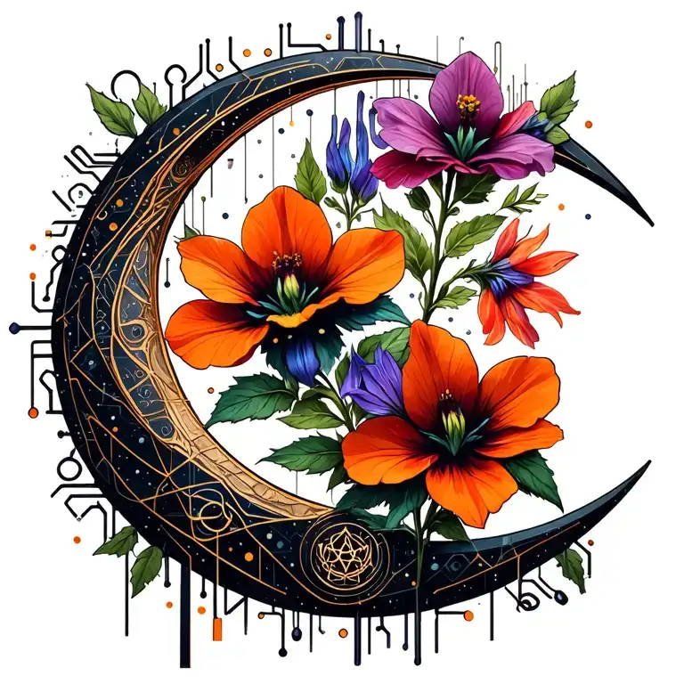 evening primrose, campanula, and balsam in the shape of a crescent moon tattoo design idea