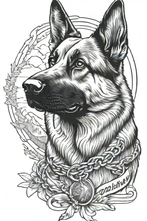 German shepherd portrait with bracelet saying diabetes mountain scene American flag tattoo design idea