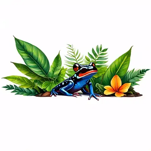 rainforest plants with a poison dart frog on the side tattoo design idea