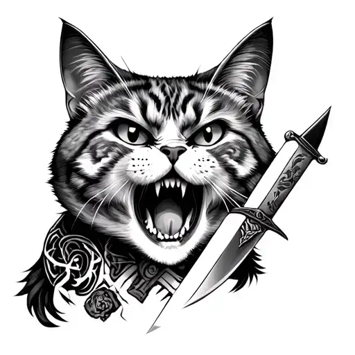 Humanoid cat like peaky blinders member. Angry face, tattoos, knife. Full body  tattoo design idea