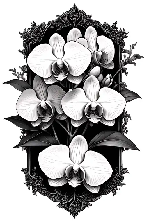 orchids blooming with renesanse/gothic details as background with some blackout sharp gothic details as frame  tattoo design idea