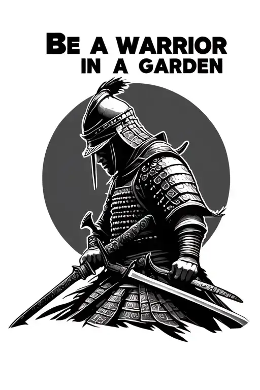"Be a warrior in a garden" profile silhouette samurai warrior with helmet looking down holding sword towards ground tattoo design idea