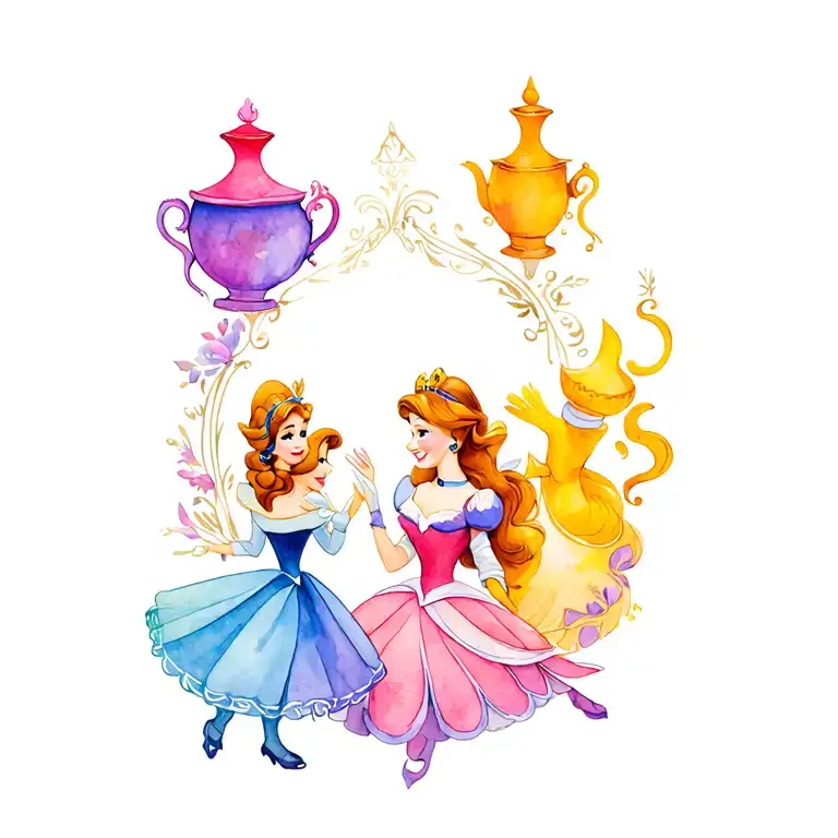 featuring enchanted characters from Beauty and the Beast (Cogsworth, Lumière, Mrs. Potts, and Chip) surrounding the ench tattoo design idea