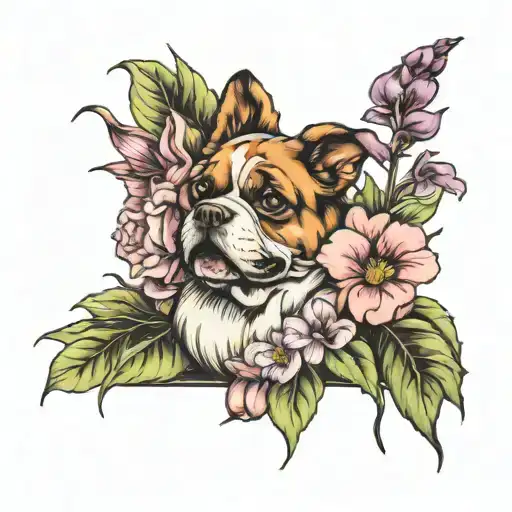 camellia, gladiolus, pansies, 1 dog print tattoo design idea