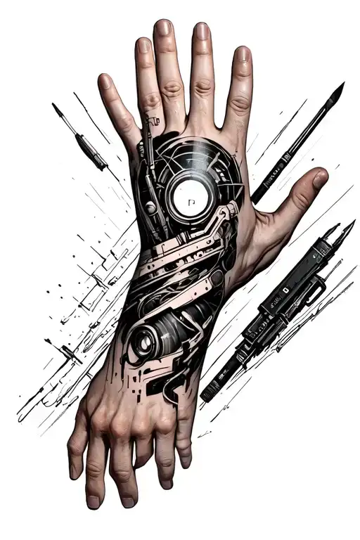A sketch of a cyberpunk tattoo on the forearm of the right hand from the brush to just above the elbow tattoo design idea