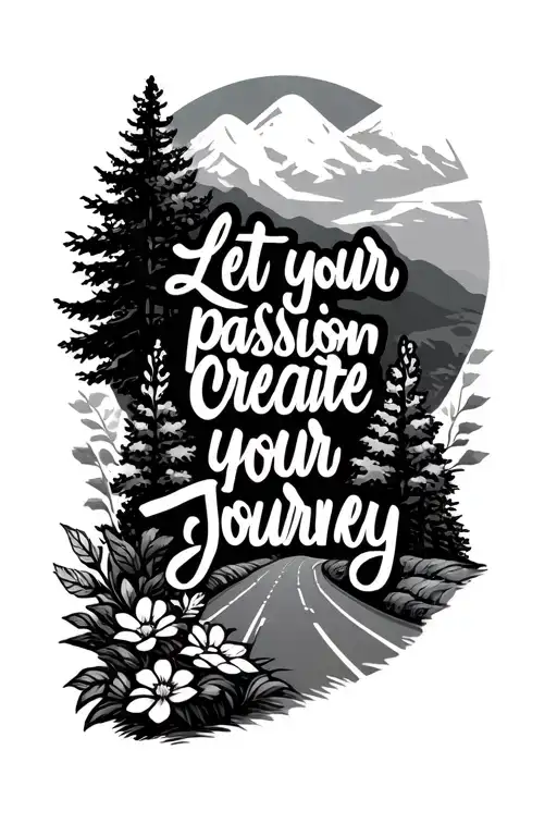 words "let your passion create your journey" with a long highway road  and some trees and flowers in a manly way tattoo design idea