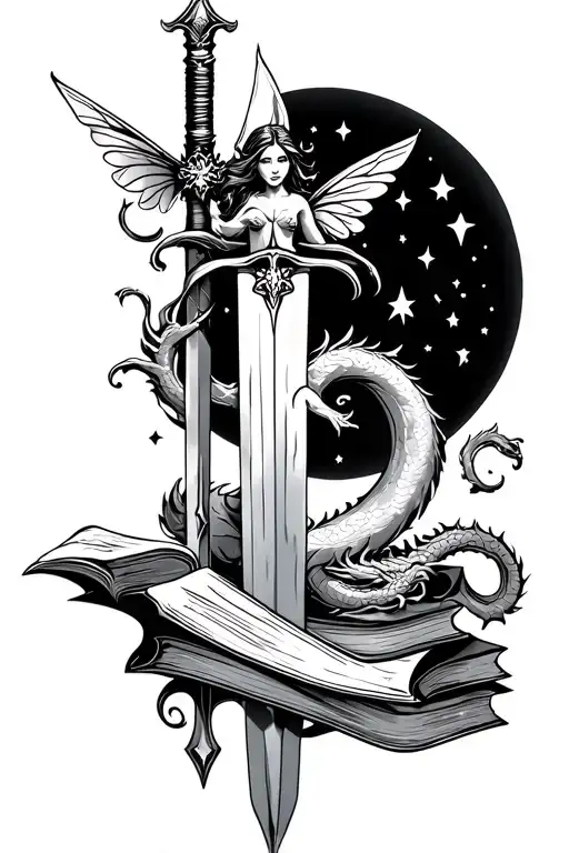A sword tattoo with books through the blade, a fairy on top of the sword and a dragon wrapped around. Moon and starts wi tattoo design idea
